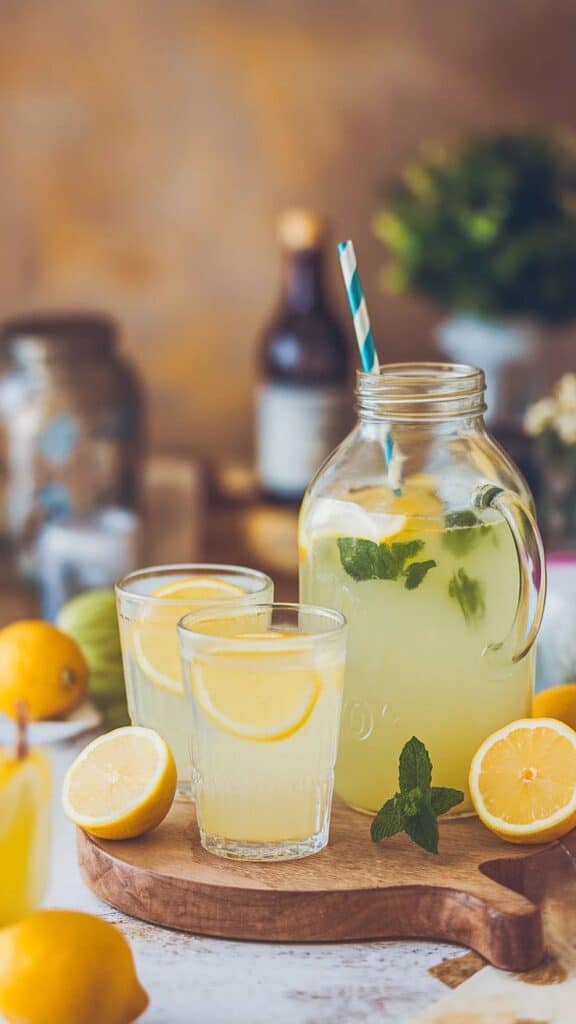 Fresh lemonade in a jar with mint and lemon slices, served on a rustic tray with glasses, perfect for summer refreshment.