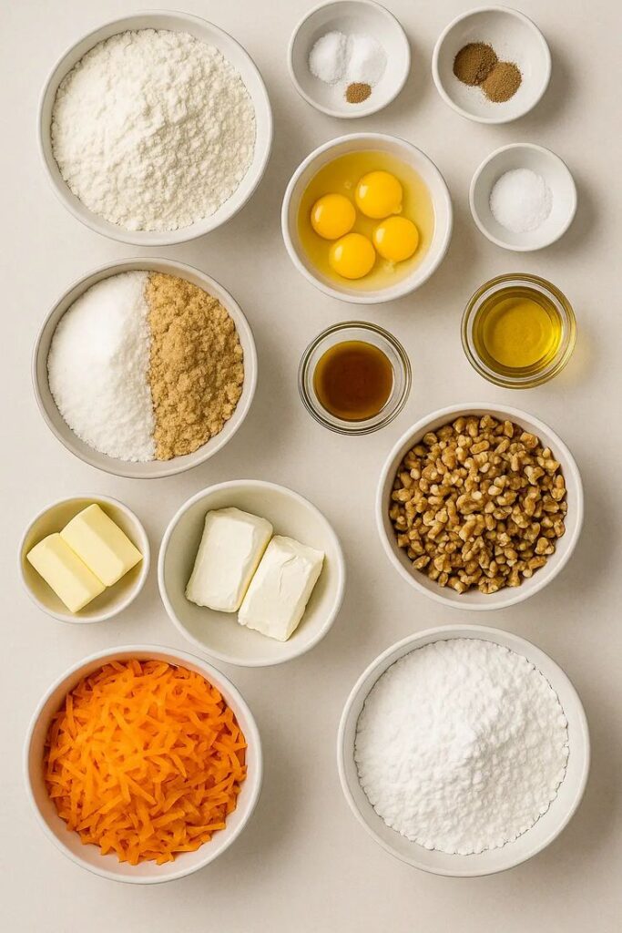 Baking ingredients for cake: flour, eggs, sugar, butter, spices, nuts, oil, vanilla, grated carrots, cream cheese.