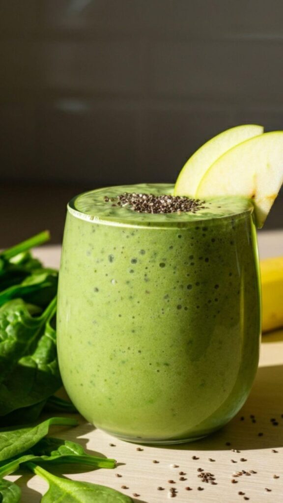 Green smoothie in a glass with apple slices, chia seeds, and fresh spinach leaves on a wooden table.