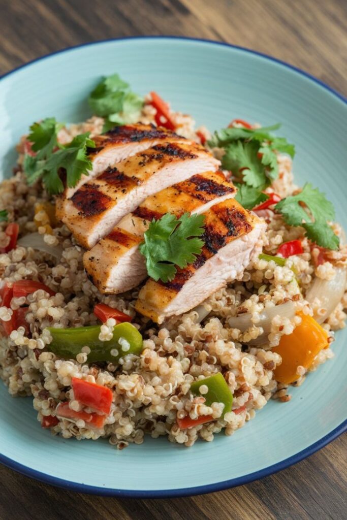 Grilled chicken on quinoa salad with colorful peppers and cilantro, served on a blue plate. Healthy and delicious meal.
