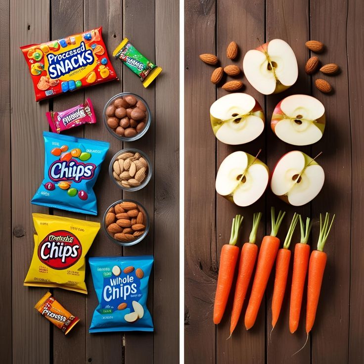 Comparison of processed snacks on left with fresh apples, almonds, and carrots on right on wooden background.