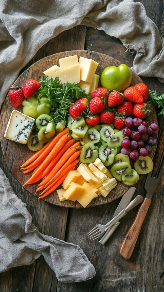 Colorful cheese and fruit platter with strawberries, kiwis, carrots, and grapes on a rustic wooden board.