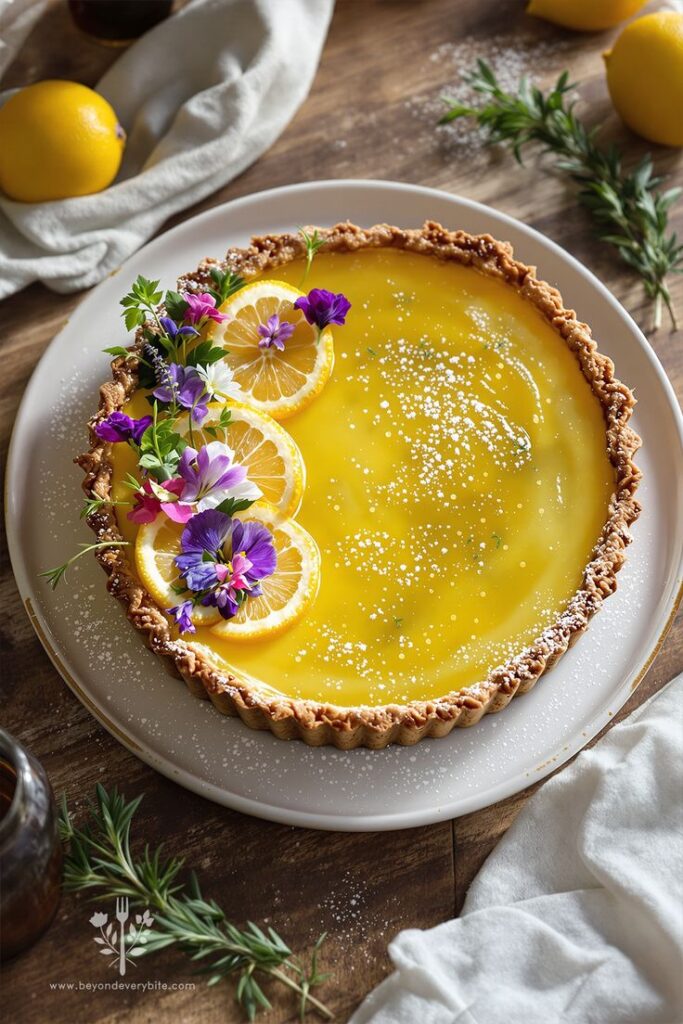 Elegant lemon tart garnished with flowers and lemon slices on a white plate, surrounded by fresh rosemary.