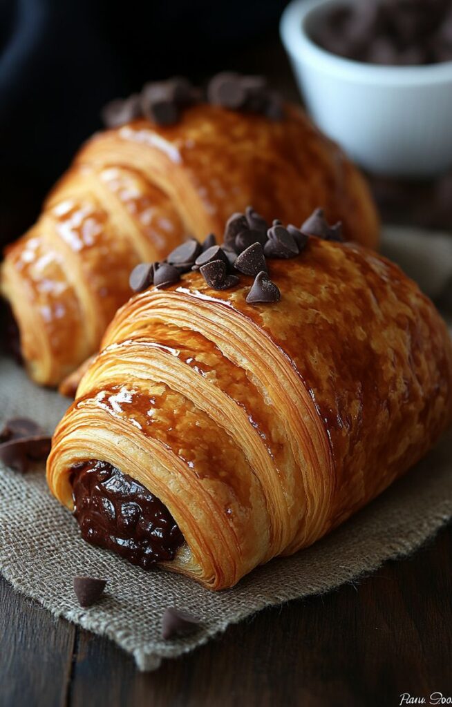 Chocolate croissants topped with chips on a rustic cloth, perfect for breakfast or a sweet treat.