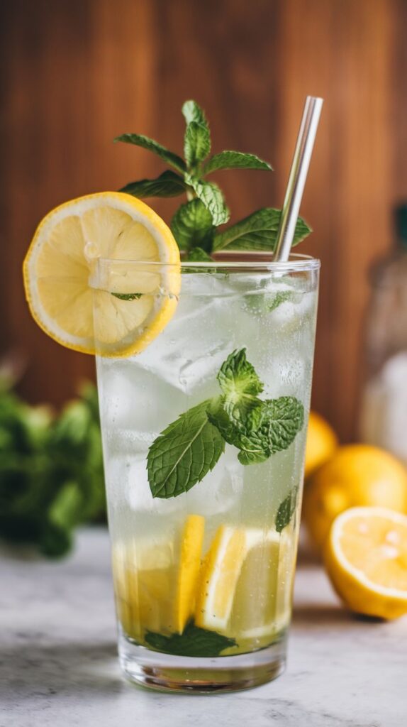 Refreshing lemon mint iced drink with a metal straw, garnished with lemon slice and mint leaves on a marble surface.