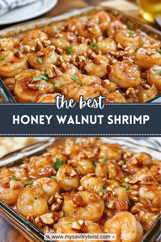 Delicious honey walnut shrimp garnished with chopped nuts and herbs, served in a glass dish, recipe by My Savory Twist.
