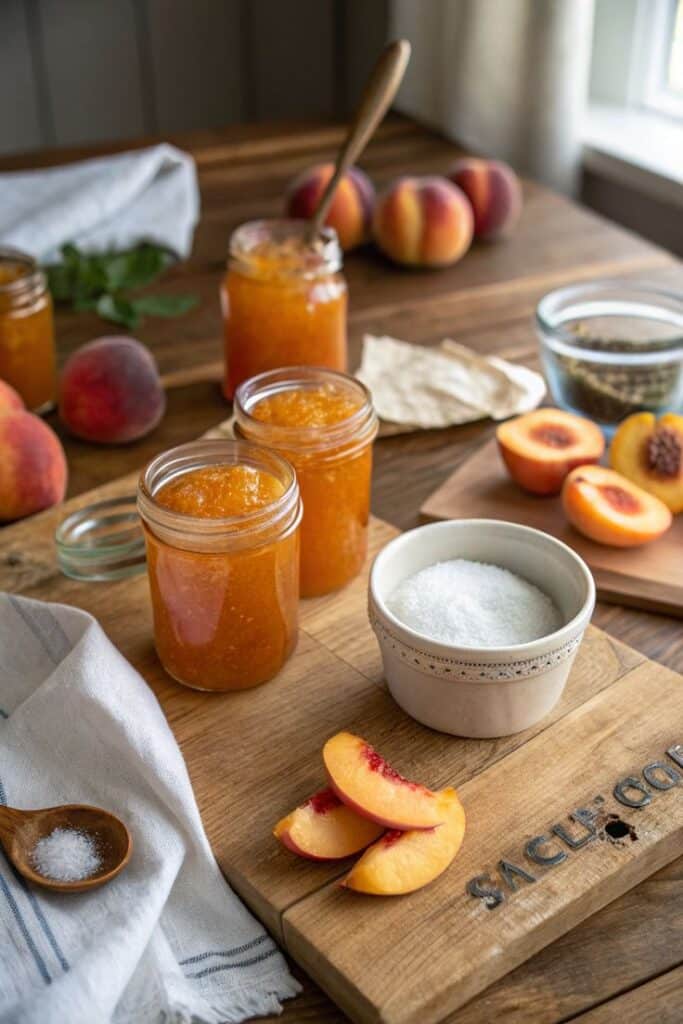 Homemade peach jam in jars, surrounded by fresh peaches and sugar on a rustic wooden table.