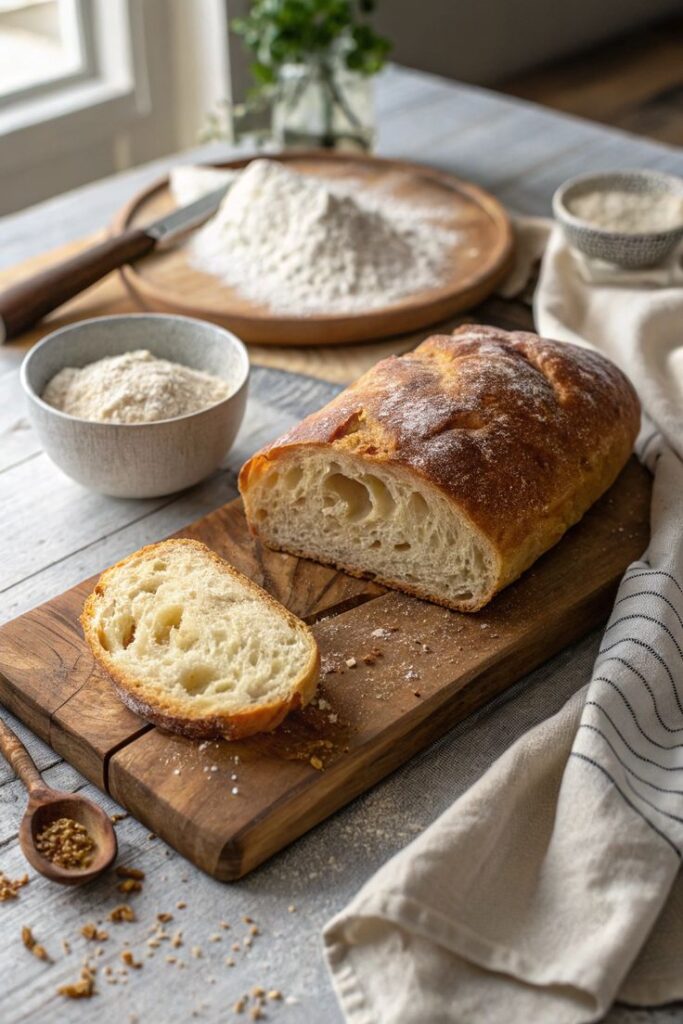 Freshly baked artisan bread on a wooden board with flour and grains, perfect for breakfast or brunch.