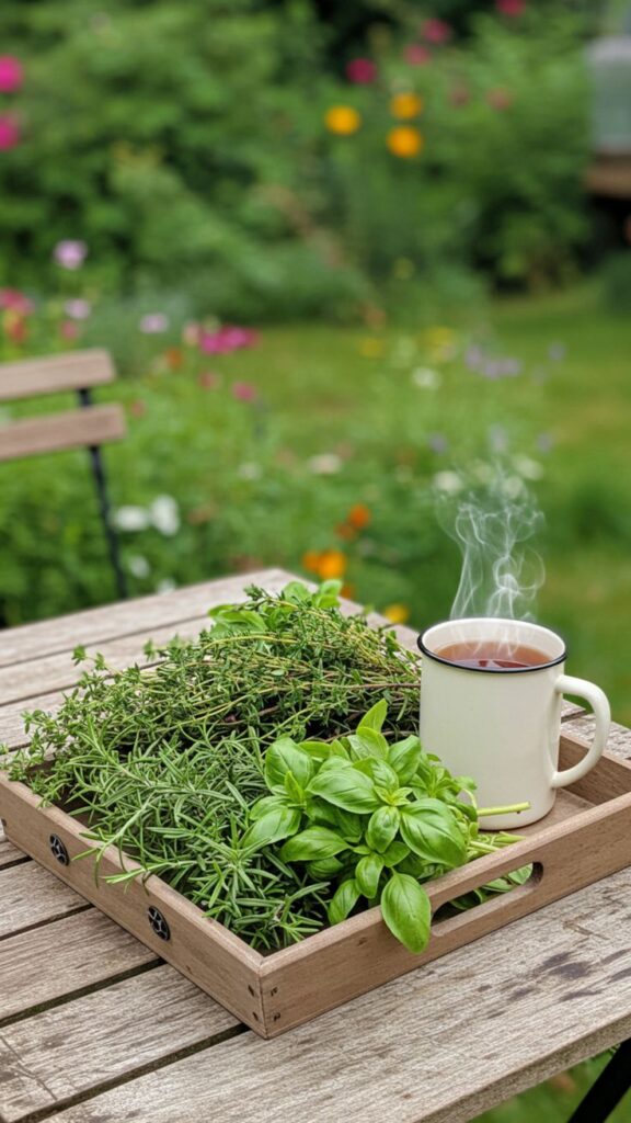 Steaming cup of tea beside fresh herbs in a wooden tray on a garden table, vibrant flowers in the background.