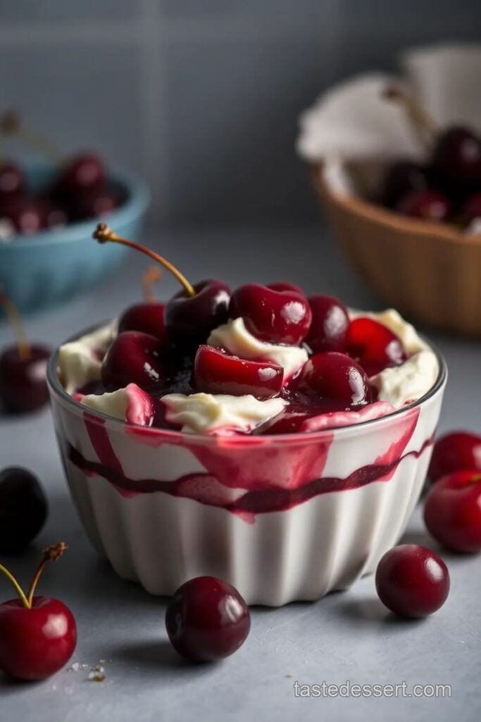 Bowl of creamy dessert topped with fresh cherries and cherry sauce, surrounded by cherries on a table.