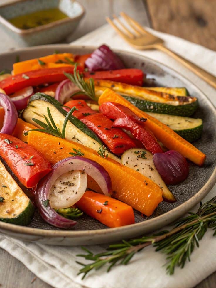Colorful roasted vegetables with rosemary on a plate, featuring zucchini, carrots, red peppers, and onions.
