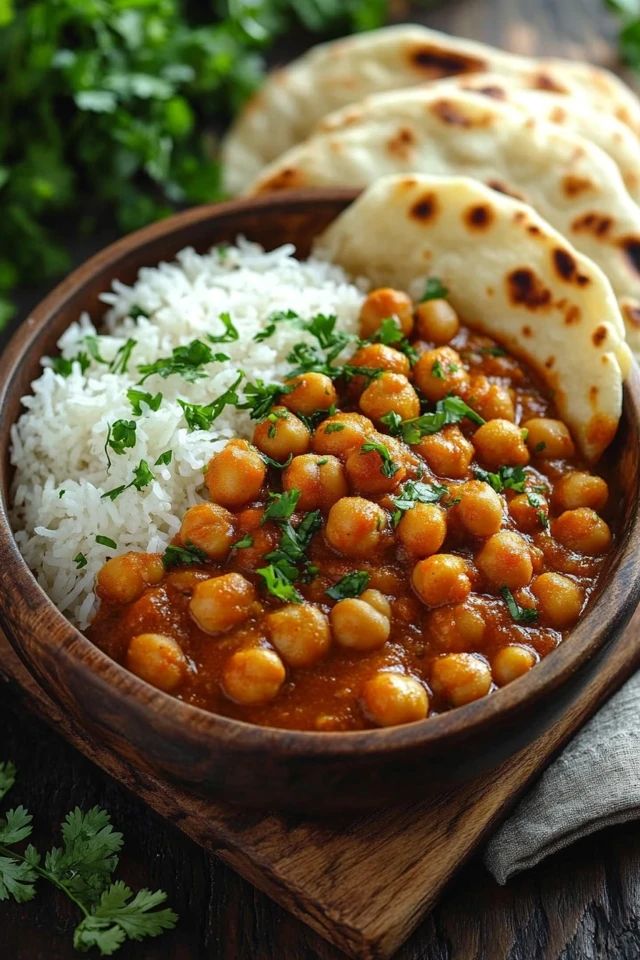 Chickpea curry with rice and naan bread, garnished with fresh herbs in a wooden bowl. Indian cuisine.