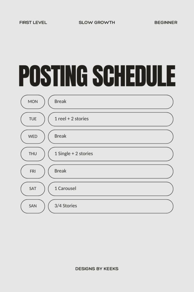 Weekly social media posting schedule with content types per day: breaks, reels, stories, singles, and carousels.