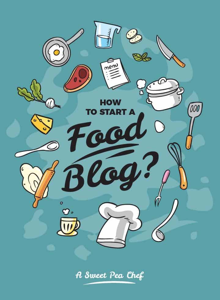 Illustrated guide with kitchen tools on starting a food blog, featuring cooking utensils and ingredients.