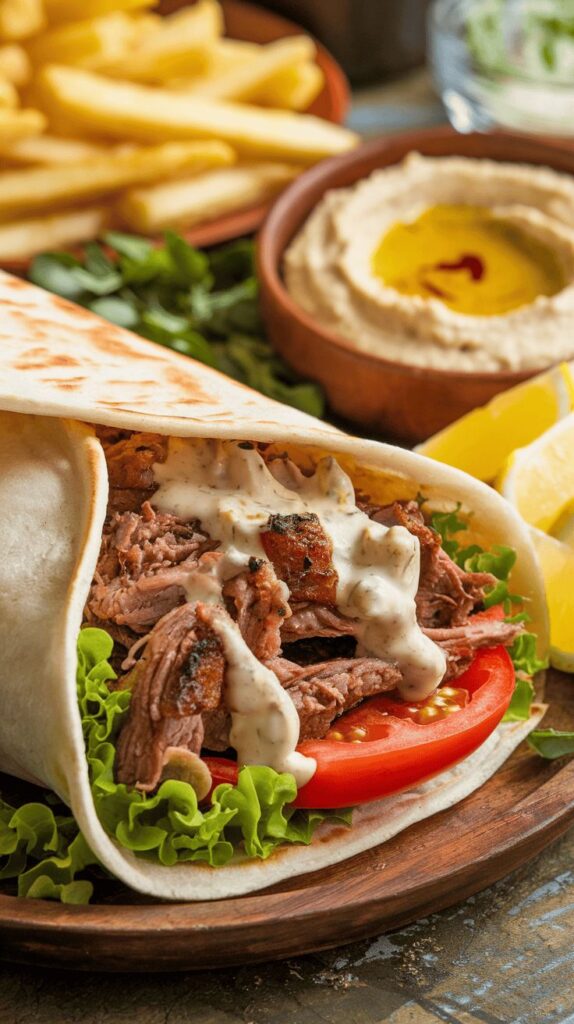 Delicious beef wrap with lettuce, tomato, and sauce, served with hummus and fries on a wooden plate.