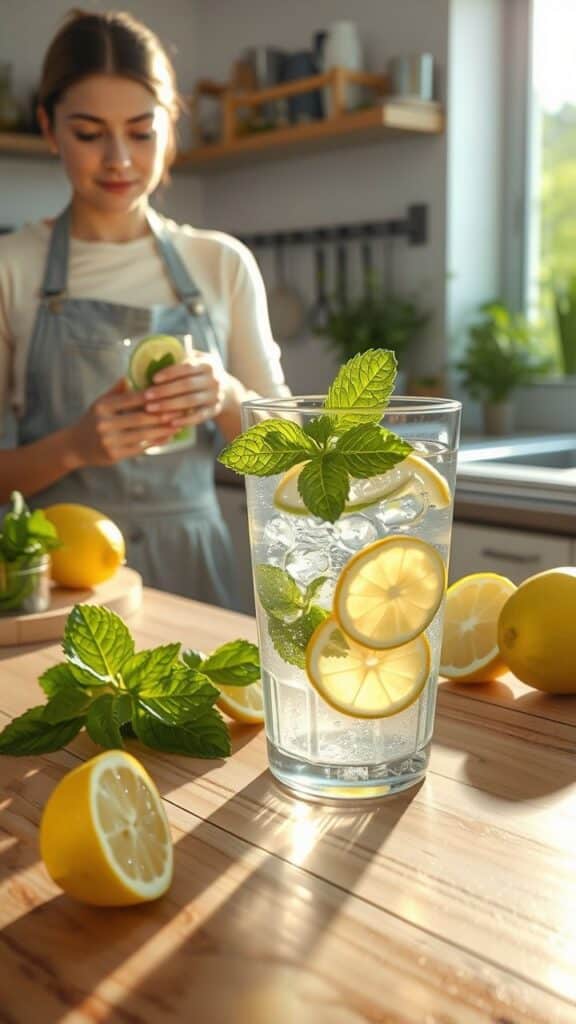 Glass of lemon mint water on kitchen counter, with woman preparing drink in background.