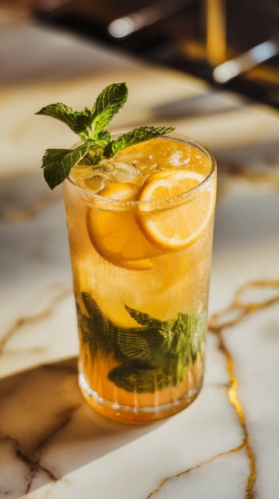 Refreshing lemon iced tea with mint garnish in a glass on marble table. Ideal summer beverage.