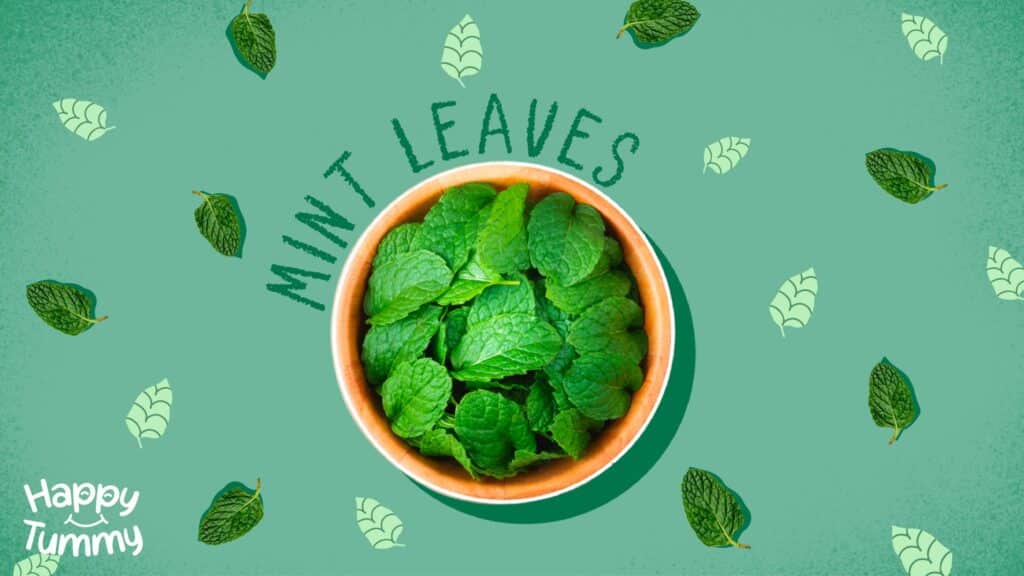 Bowl of fresh mint leaves on a green background with scattered leaf illustrations, Mint Leaves text, and Happy Tummy logo.