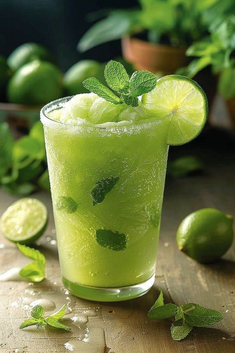 Refreshing green lime mint smoothie with fresh lime slices and mint garnish, surrounded by whole limes and leaves.