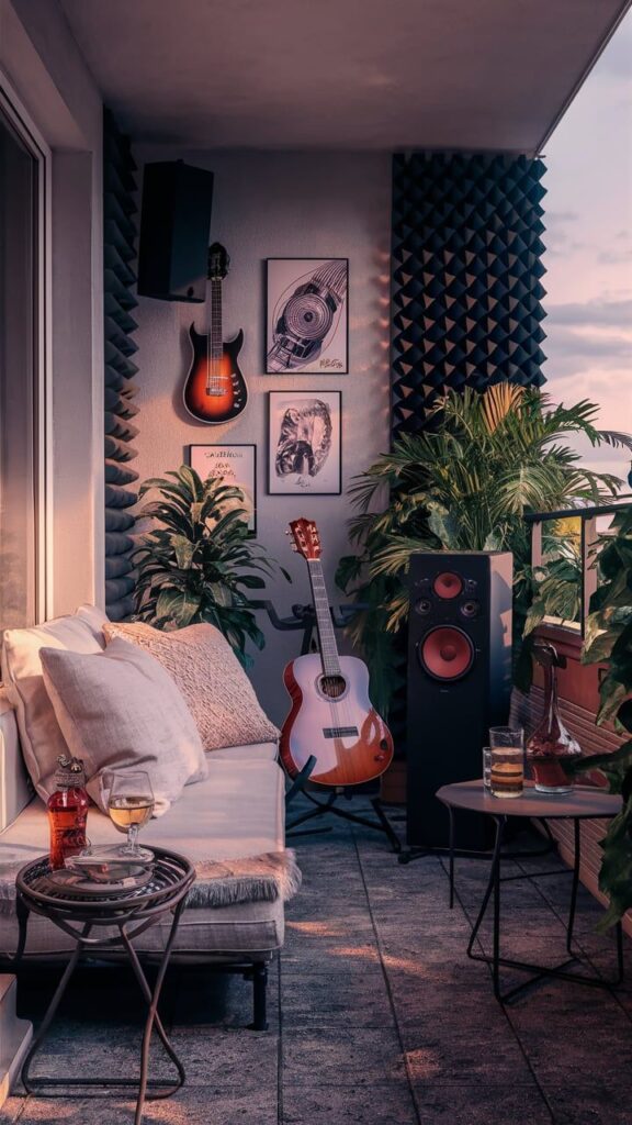 Cozy balcony with guitars, speaker, plants, and drinks on tables, creating a serene music-inspired ambiance at sunset.