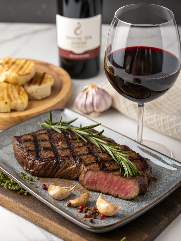 Grilled steak with rosemary and garlic on a plate, paired with red wine and grilled bread slices.