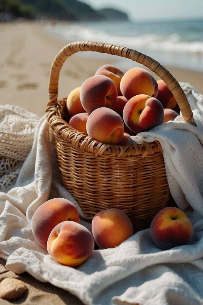 Basket of ripe peaches on a sandy beach, with soft sunlight and ocean waves in the background.