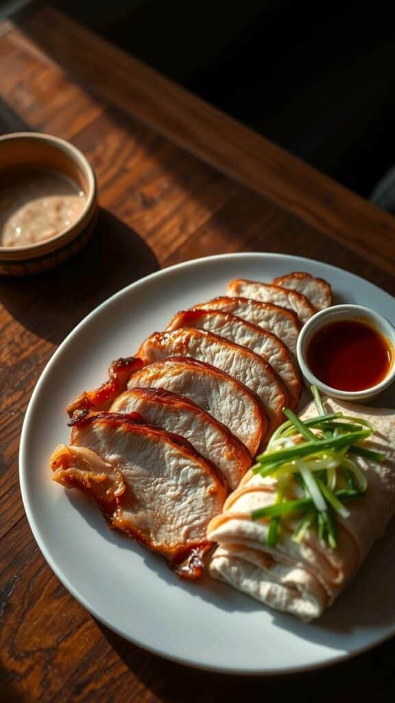 Sliced roasted duck with hoisin sauce and green onions on a white plate, served with pancakes on a wooden table.
