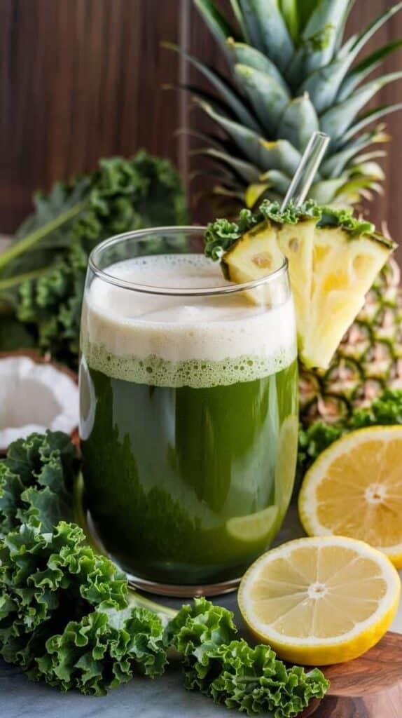 Green smoothie with pineapple slice and fresh kale, lemons, and whole pineapple on wooden table background.