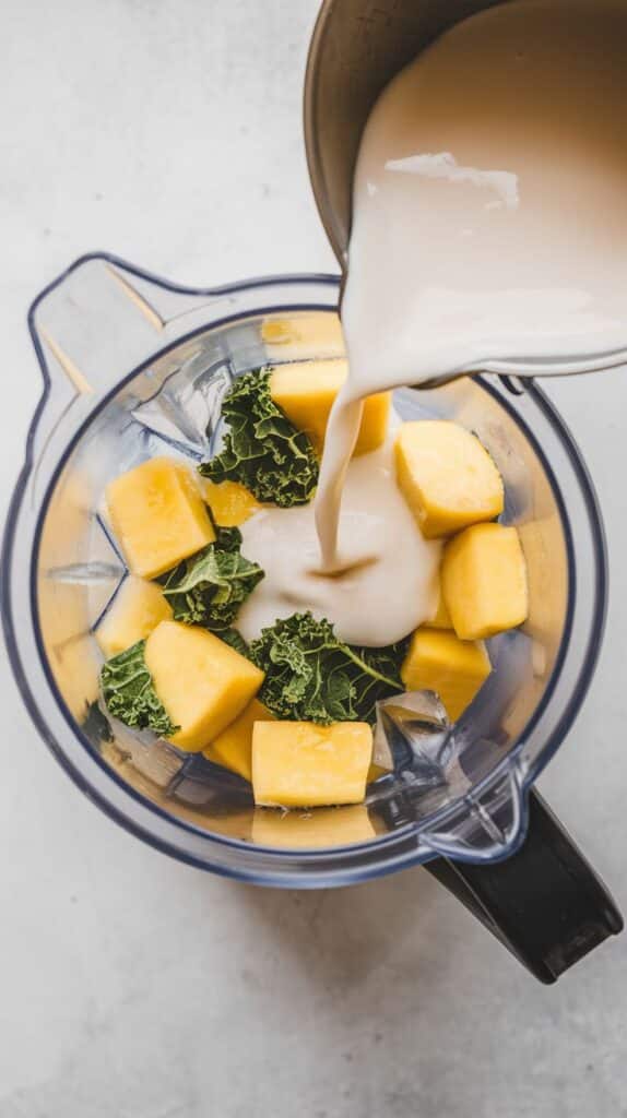 Pouring milk into a blender with mango and kale, perfect for a healthy smoothie recipe.