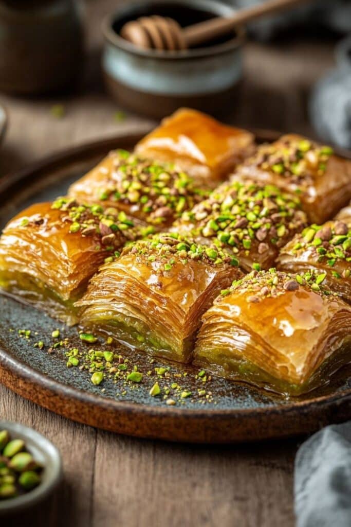 Plate of delicious honey baklava topped with chopped pistachios, served on a rustic wooden table.