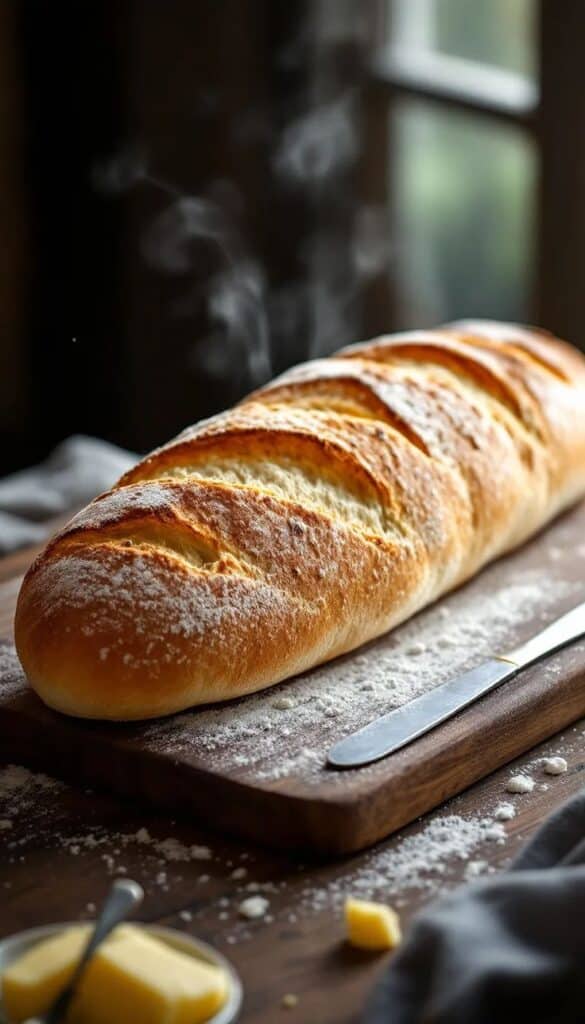 Freshly baked baguette steaming on wooden board near butter knife.