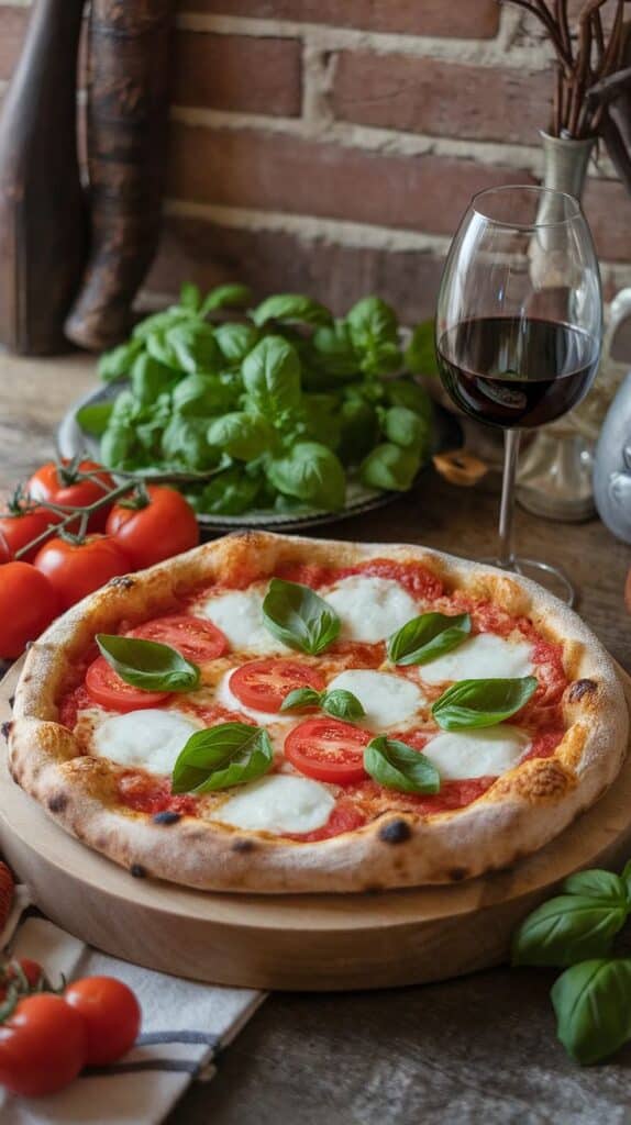 Pizza Margherita topped with fresh basil, tomatoes, mozzarella, and a glass of red wine on a rustic table setting.
