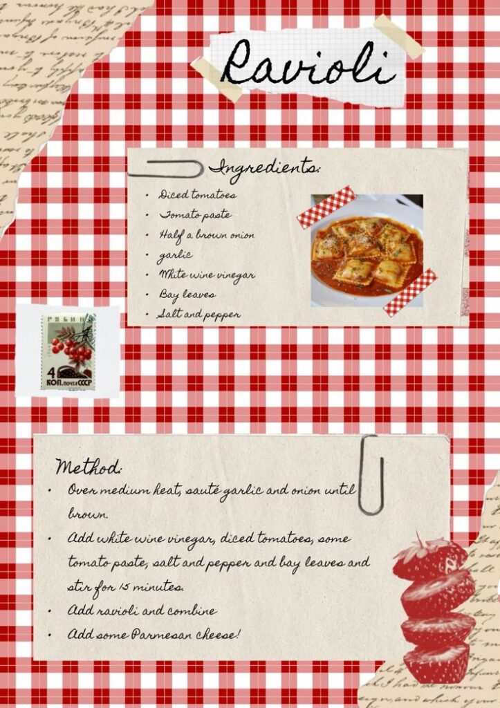 Ravioli recipe card with ingredients and cooking method on a red-checkered background, including diced tomatoes and spices.