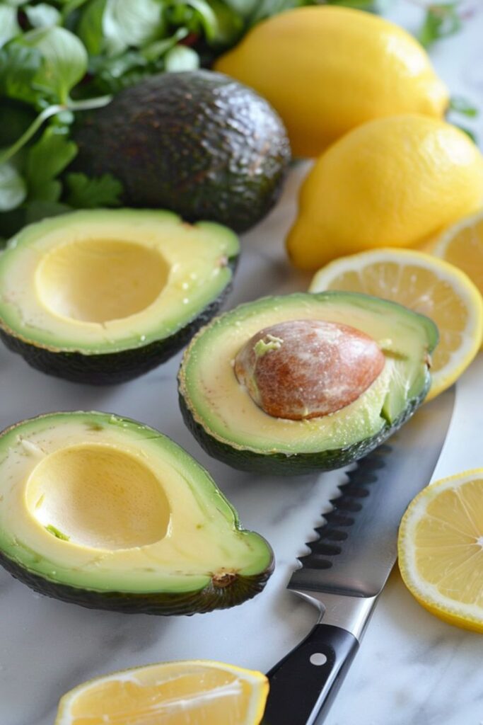 Half-cut avocados and lemons on marble with a knife, surrounded by fresh greens.