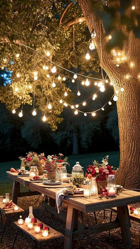 Enchanting outdoor dinner table with string lights, candles, and flowers creating a cozy evening ambiance under trees.