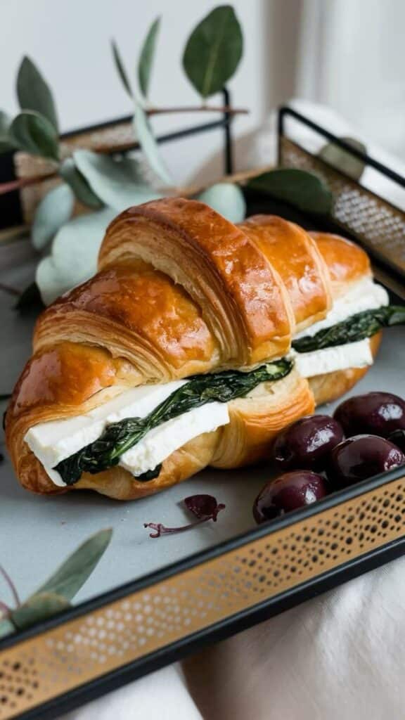 Croissant sandwich with spinach and cheese, served with olives on a tray. Perfect for breakfast or brunch.