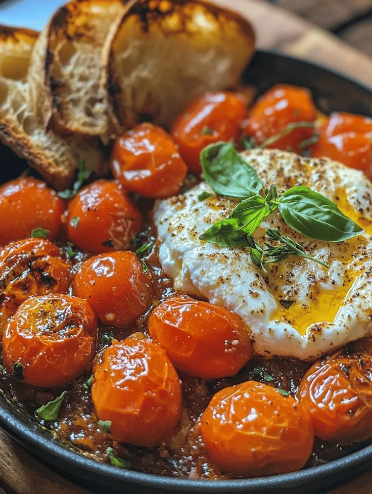 Grilled cherry tomatoes with creamy burrata cheese topped with basil, served with toasted bread slices.