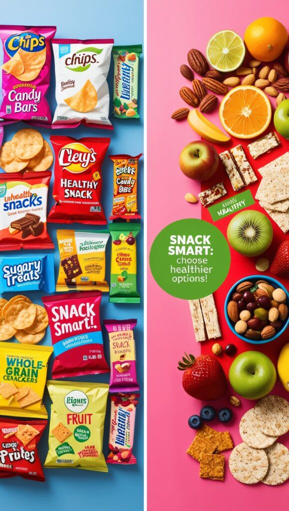 Unhealthy snacks versus healthy snacks comparison with chips, candy, fruits, and nuts on blue and pink backgrounds.