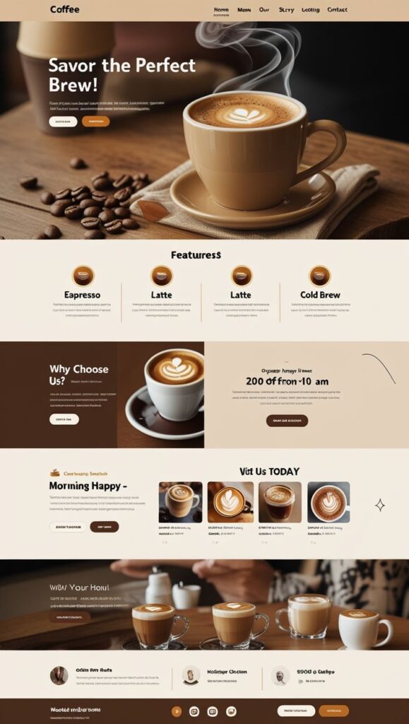 Coffee shop website design featuring a steaming latte and various menu items.