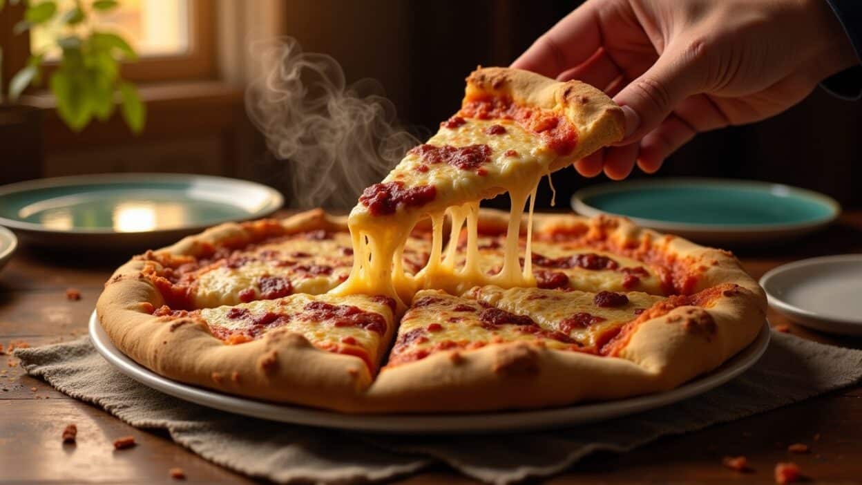 Hot, cheesy pepperoni pizza slice being lifted from a freshly baked pizza on a rustic table setting.