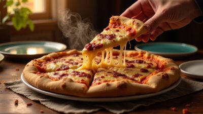 Hot, cheesy pepperoni pizza slice being lifted from a freshly baked pizza on a rustic table setting.