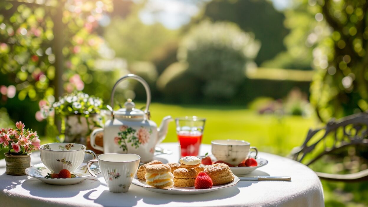 Tea set with scones and strawberries in a sunny garden setting, perfect for a relaxing afternoon tea.