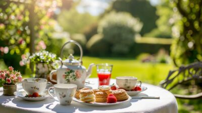 Tea set with scones and strawberries in a sunny garden setting, perfect for a relaxing afternoon tea.