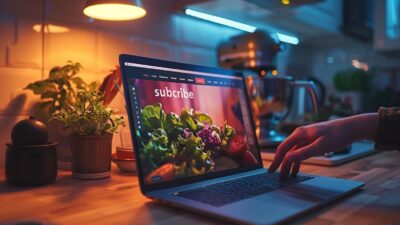 Laptop in cozy kitchen with subscription page featuring fresh produce, illuminated by warm lighting.