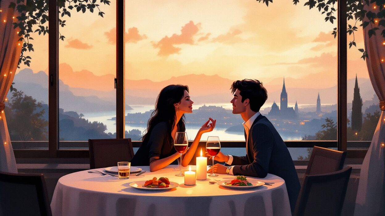 A romantic couple enjoying a candlelit dinner with a scenic sunset view through large windows.
