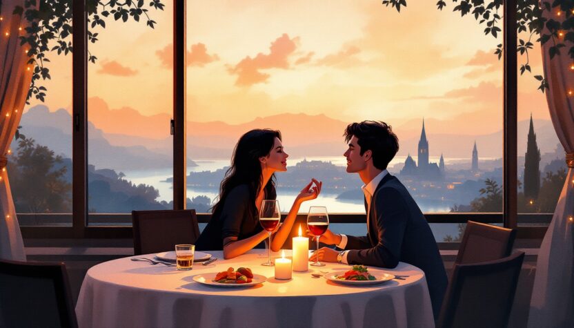 A romantic couple enjoying a candlelit dinner with a scenic sunset view through large windows.
