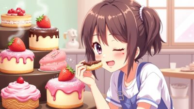 Girl enjoying sweets in a bakery with cakes and strawberries on display, smiling cheerfully.