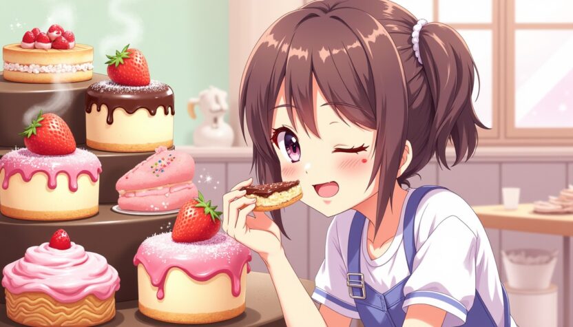 Girl enjoying sweets in a bakery with cakes and strawberries on display, smiling cheerfully.