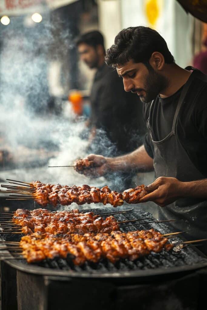 Man grilling skewered meat over charcoal with smoke in a market setting.