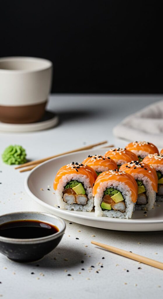 Salmon sushi rolls with avocado and sesame, served with soy sauce and wasabi on a white plate.